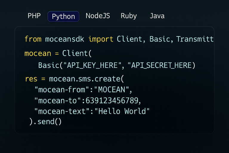 Python code example using Mocean’s SMS API to send instant messages