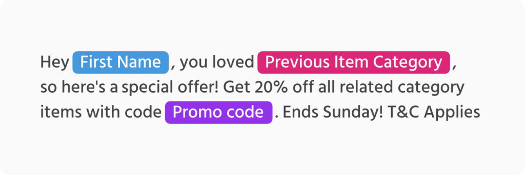 Example of a personalised SMS Messaging Campaign from Mocean’s dashboard in the Philippines, featuring customer names, purchase history, and promo codes.